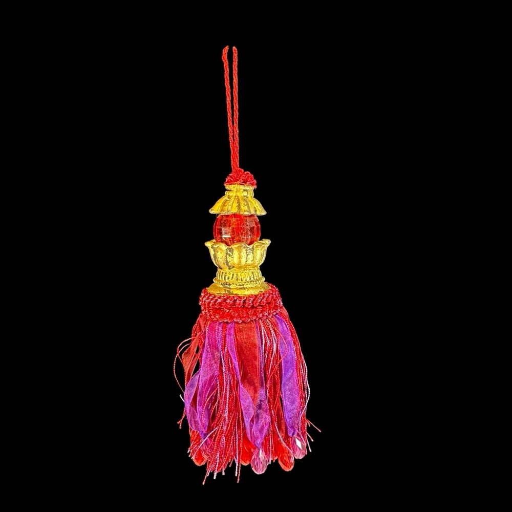 Beaded Home Decor Tassel 10” Long Red Gold Vintage